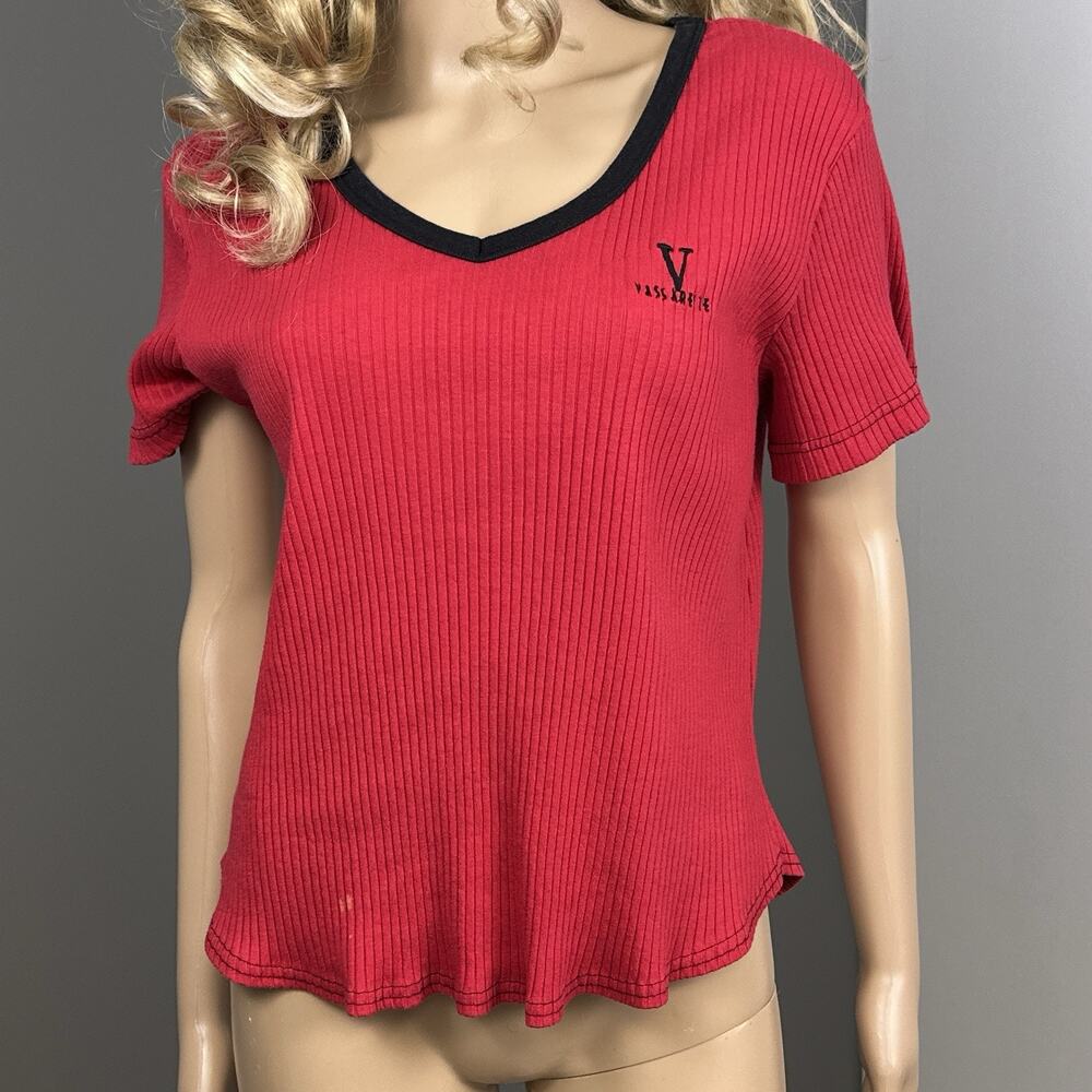 Vintage Vassarette Ribbed Baby Tee Red Black V Neck Logo Top Large 90s Y2K